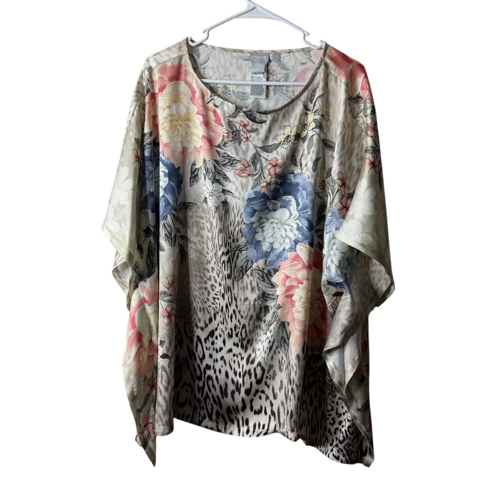Chicos Beige Animal Floral Pullover Flutter kimono Topper Blouse Large xL
